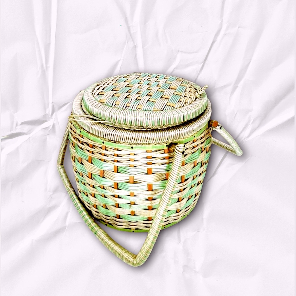 •SOLD• 50s MCM Mint Green Nesting Wicker Sewing/Picnic Basket(s) Statement Bag